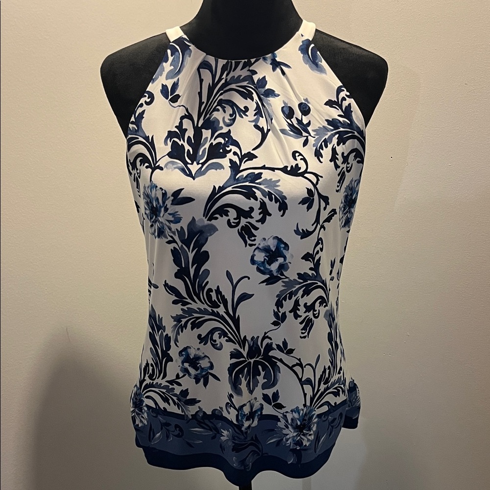White House Black Market Navy and White Floral Blouse